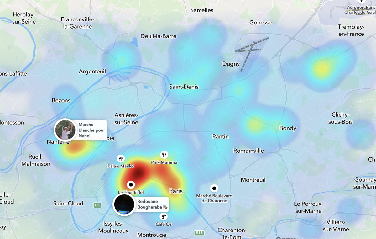 Capture d'écran de la « Snap Map », qui permet de visualiser les vidéos publiées en public selon leur origine géographique, le 30 juin 2023.