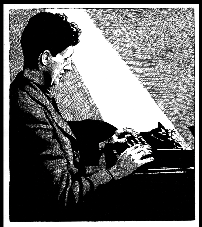 George Orwell au travail sur sa machine à écrire à Canonbury, dessiné par Frédéric Pajak.