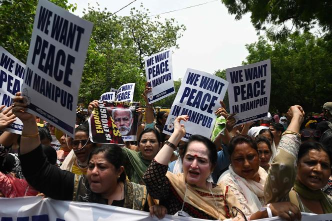 Manifestation contre les violences sexuelles et pour la paix dans l’Etat du Manipur, au nord-est de l’Inde, à New Delhi, le 20 juillet 2023.