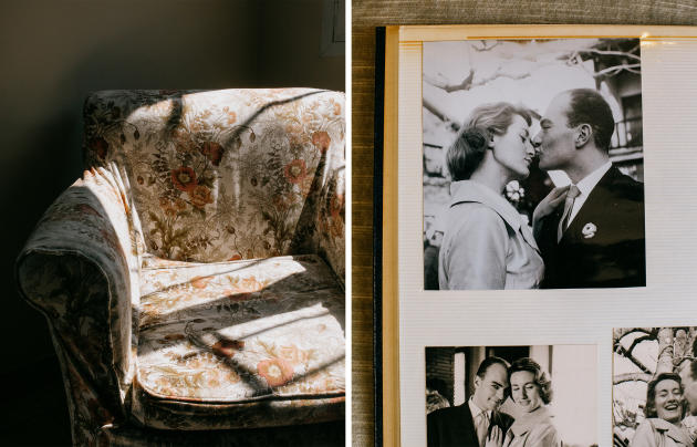 L’un des fauteuils du salon de leur maison. A droite, d’anciennes photographies de Philippe et de sa femme, Hélène. A Chatou (Yvelines), le 5 juin 2023.