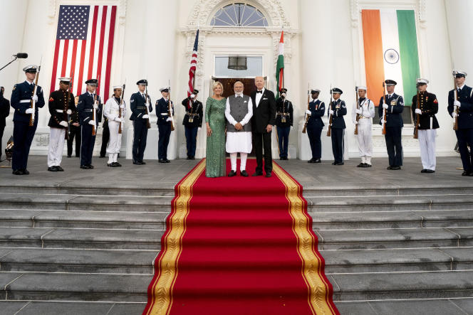 Le président américain Joe Biden et la première dame Jill Biden accueillent le premier ministre indien Narendra Modi à la Maison Blanche, à Washington, le jeudi 22 juin 2023. 
