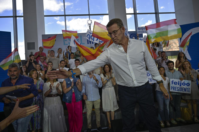 Le candidat du Parti populaire (PP), Alberto Nuñez Feijoo, lors d’un rassemblement électoral à Logroño (Espagne), le 15 juillet 2023.