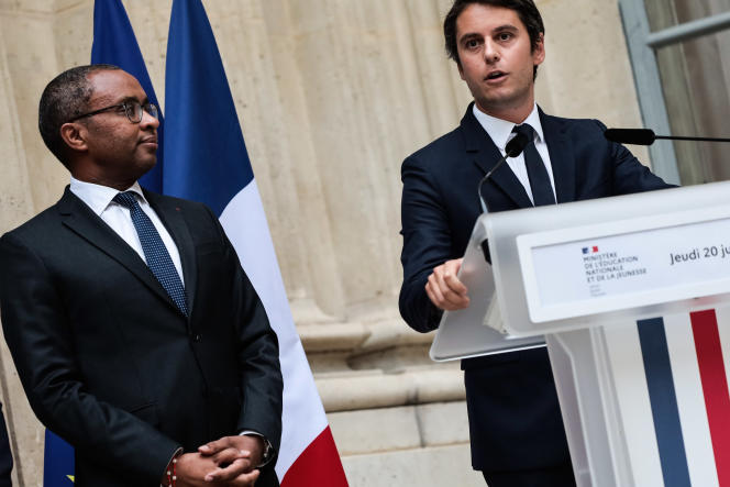  Discours de Gabriel Attal lors de sa passation de pouvoir avec Pap Ndiaye au ministère de l’éducation, à Paris, le 20 juillet 2023.