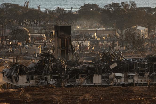 Maisons et bâtiments détruits à la suite d’un incendie de forêt, à Lahaina, à l’ouest de Maui, à Hawaii, le 12 août 2023. 